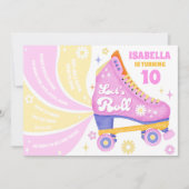 レトロローラスケートで滑るディスコ誕生日パーティー 招待状 (正面)