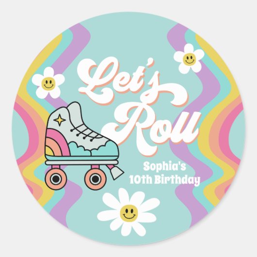 レトロローラスケートで滑るレインボー誕生日シール ラウンドシール (正面)
