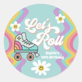 レトロローラスケートで滑るレインボー誕生日シール ラウンドシール