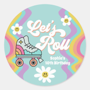 レトロローラスケートで滑るレインボー誕生日シール ラウンドシール