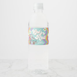 レトロローラスケートで滑るレインボー誕生日水ラベル ペットボトルラベル