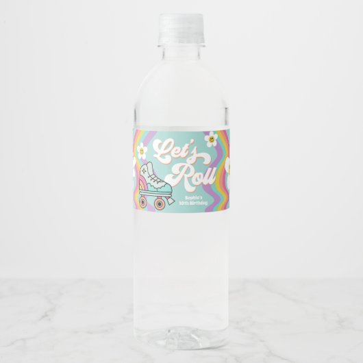 レトロローラスケートで滑るレインボー誕生日水ラベル ペットボトルラベル (正面)