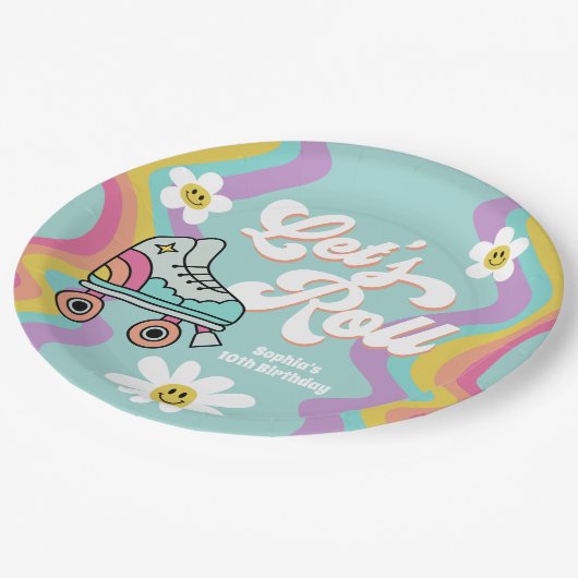 レトロローラスケートで滑るレインボー誕生日紙プレート ペーパープレート (アングル)