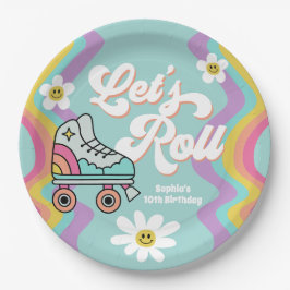 レトロローラスケートで滑るレインボー誕生日紙プレート ペーパープレート