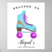 レトロローラスケートで滑る誕生日パーティーウェルカムサイン ポスター (正面)