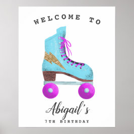レトロローラスケートで滑る誕生日パーティーウェルカムサイン ポスター