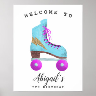 レトロローラスケートで滑る誕生日パーティーウェルカムサイン ポスター