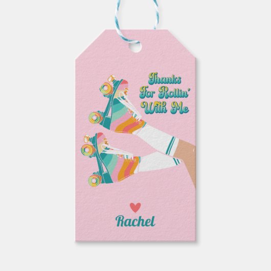 レトロローラスケートで滑る誕生日パーティーサンキューユユー ギフトタグ (正面)
