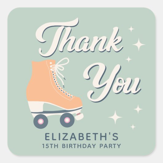 レトロローラスケートで滑る誕生日パーティーサンキューユユー スクエアシール (正面)