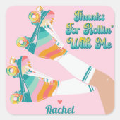 レトロローラスケートで滑る誕生日パーティーサンキューユユー スクエアシール (正面)