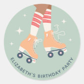 レトロローラスケートで滑る誕生日パーティースージグリーン ラウンドシール (正面)