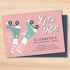 レトロローラスケートで滑る誕生日パーティーピンク 招待状
