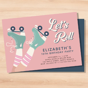 レトロローラスケートで滑る誕生日パーティーピンク 招待状