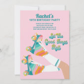 レトロローラスケートで滑る誕生日パーティーピンク 招待状 (正面)