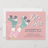 レトロローラスケートで滑る誕生日パーティーピンク 招待状 (正面)