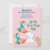 レトロローラスケートで滑る誕生日パーティーピンク 招待状 (正面)