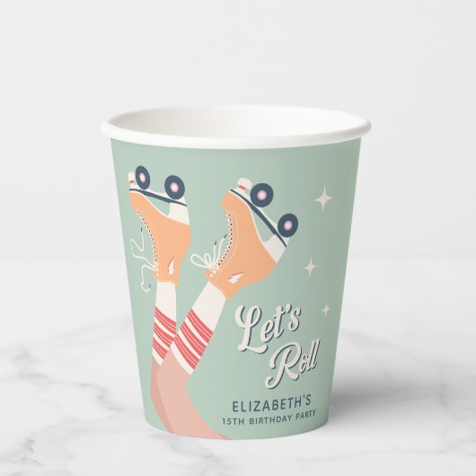 レトロローラスケートで滑る誕生日パーティー 紙コップ (正面)