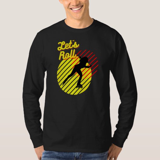 レトロローラスケートで滑る80's 70'sレッツガール転が tシャツ (正面)