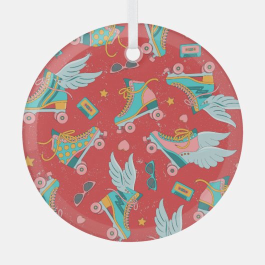 レトロローラスケート:明るい赤の背景 ガラスオーナメント (正面)