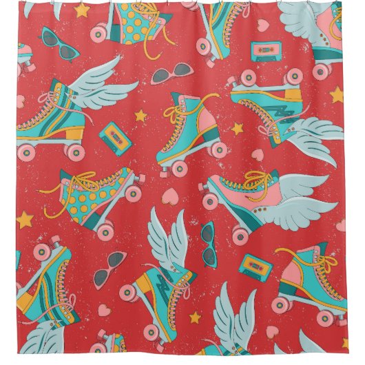 レトロローラスケート：明るい赤の背景 シャワーカーテン (正面)