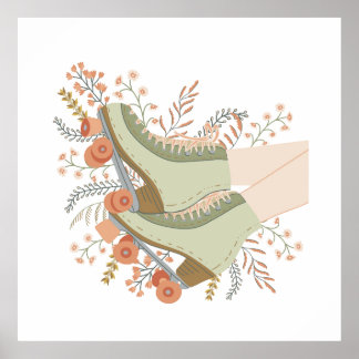 レトロローラーは壁のためのパステルで花をスケート ポスター