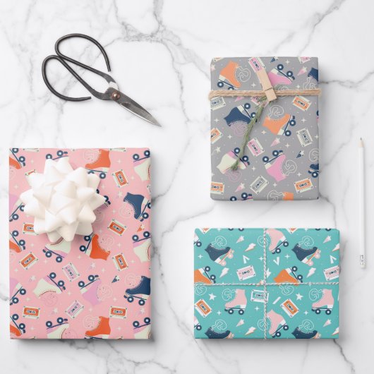 レトロローラースケートとカセットテープ ラッピングペーパーシート (正面)