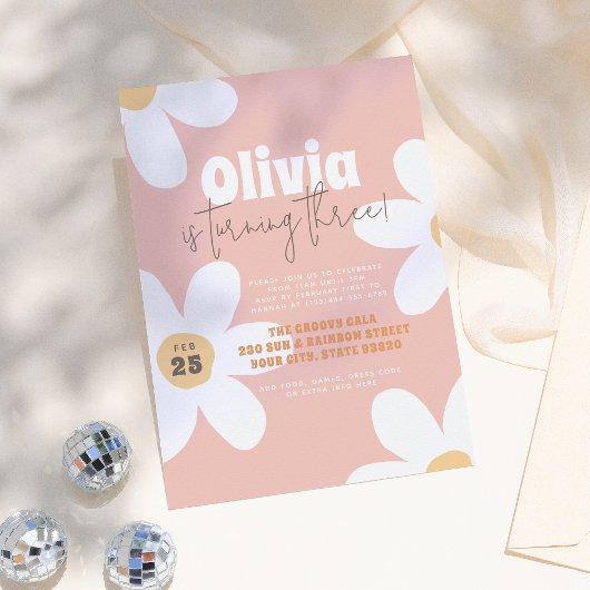 レトロワイルドデイジーボホーグルーヴィーガールバースデーパーティー 招待状