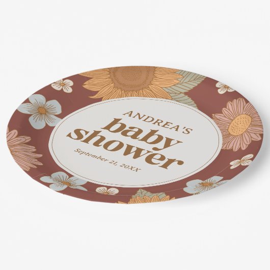 レトロワイルドフラワーガールベビーシャワー ペーパープレート (アングル)