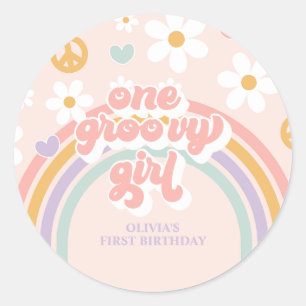 レトロワングルーヴィーガールレインボー1ST誕生日 ラウンドシール
