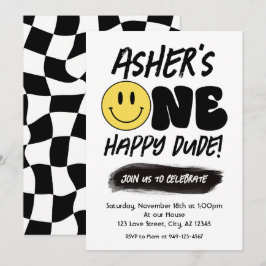 レトロワンハッピードダードハッピー顔ファースト誕生日 招待状