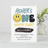 レトロワンハッピードダードハッピー顔ファースト誕生日 招待状 (スタンド正面)