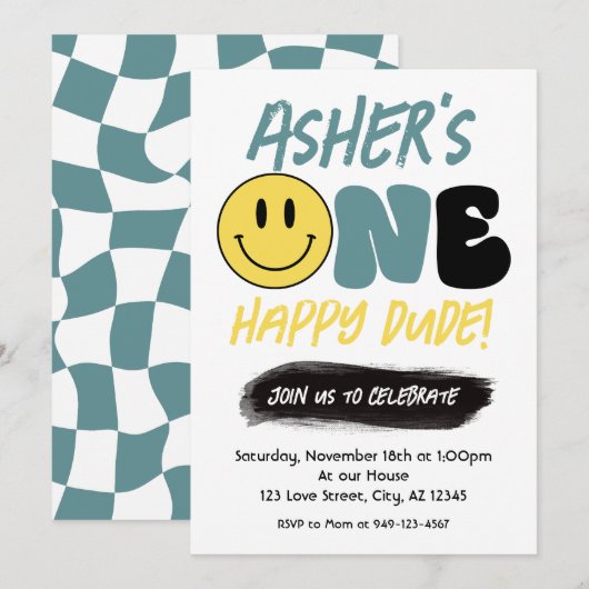 レトロワンハッピードダードハッピー顔ファースト誕生日 招待状 (正面/裏面)