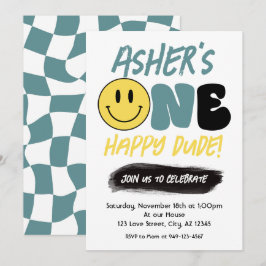 レトロワンハッピードダードハッピー顔ファースト誕生日 招待状