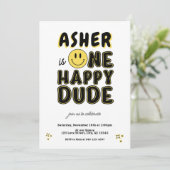 レトロワンハッピードダードハッピー顔ファースト誕生日 招待状 (スタンド正面)