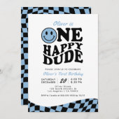 レトロワンハッピードダードブルースマイル顔1st誕生日 招待状 (正面/裏面)