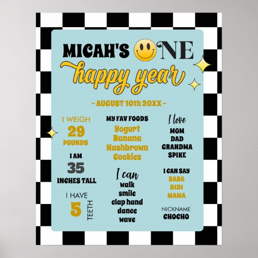 レトロワンハッピードファースト誕生日マイルストーンサイン ポスター (正面)