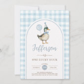 レトロワンラッキーダックブルーバルーンボーイ第1誕生日 招待状 (正面)