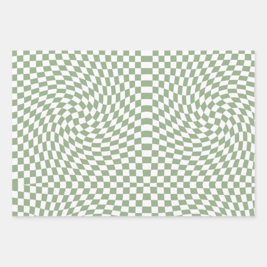 レトロワープセージ緑の白チェック市松模様に ラッピングペーパーシート (正面)