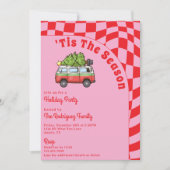 レトロヴァンレッドピンクチェッカーボードクリスマスパーティー 招待状 (正面)