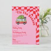 レトロヴァンレッドピンクチェッカーボードクリスマスパーティー 招待状 (スタンド正面)