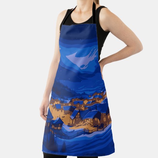 レトロヴィレッジマウンテンブルー金ゴールド風景 エプロン (インサイチュ)
