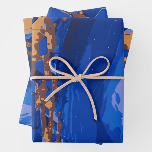 レトロヴィレッジマウンテンブルー金ゴールド風景 ラッピングペーパーシート (インサイチュ)