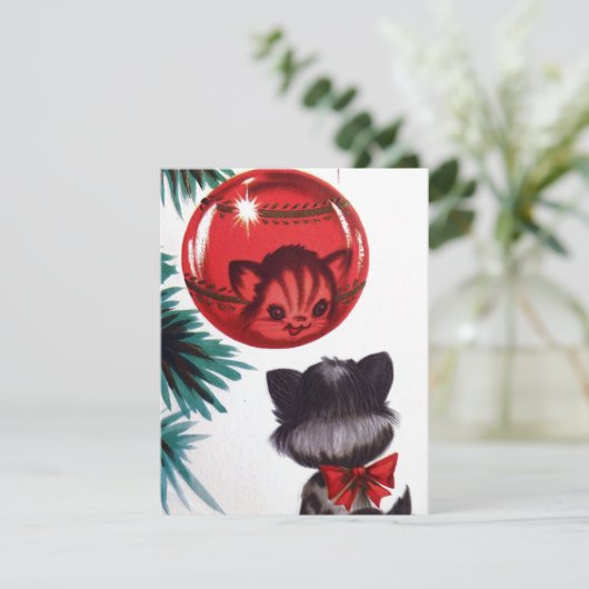 レトロヴィンテージのクリスマスキャットメッセージカードを追加 シーズンカード (スタンド正面)