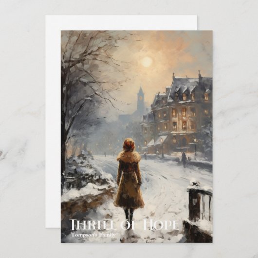 レトロヴィンテージの女の子の冬の都市スリルの希望 シーズンカード (正面/裏面)