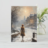 レトロヴィンテージの女の子の冬の都市スリルの希望 シーズンカード (スタンド正面)