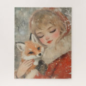 レトロヴィンテージの女の子の赤とキツネクリスマス ジグソーパズル (縦)