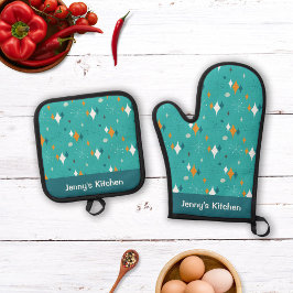 レトロヴィンテージアトミックスターバストティール（緑がかった色）パターン名 鍋つかみ&鍋敷きセット