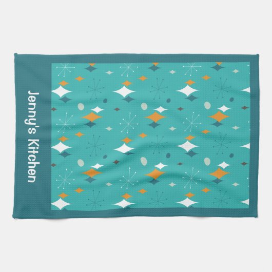 レトロヴィンテージアトミックティール(緑がかった色)スターバストパターン名 キッチンタオル (横)