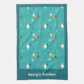 レトロヴィンテージアトミックティール(緑がかった色)スターバストパターン名 キッチンタオル (縦)