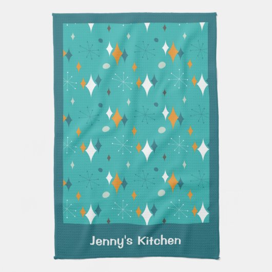 レトロヴィンテージアトミックティール(緑がかった色)スターバストパターン名 キッチンタオル (縦)